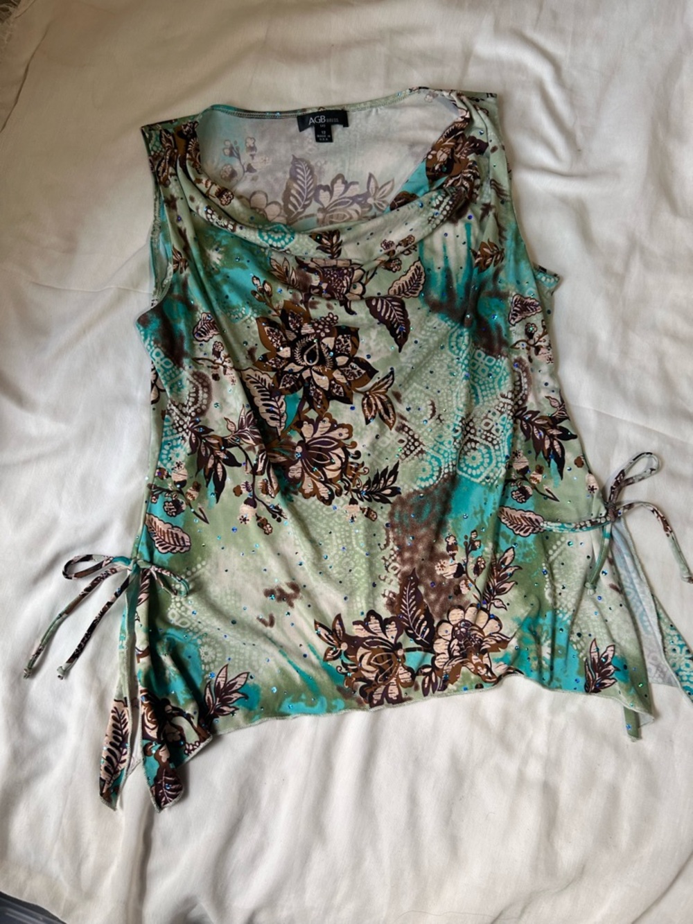 AGB Dress Size 12 Teal Green Brown Floral Fairy Vintage Y2K Sleeveless Top